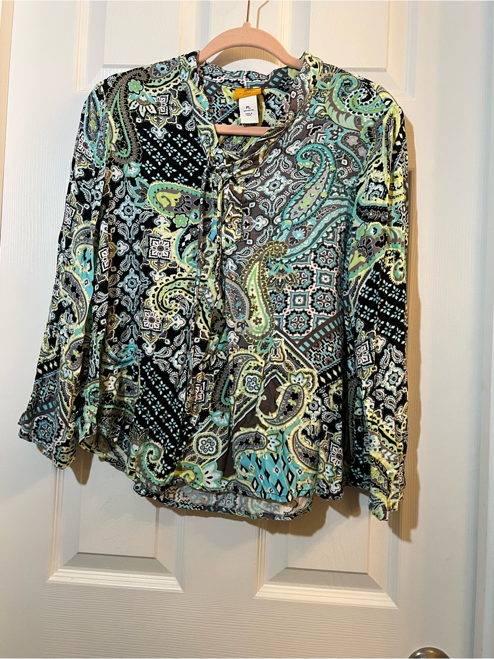 🦋 adorable Ruby Rd. Paisley Lace-Up Blouse in Black, Teal and Lime size LP